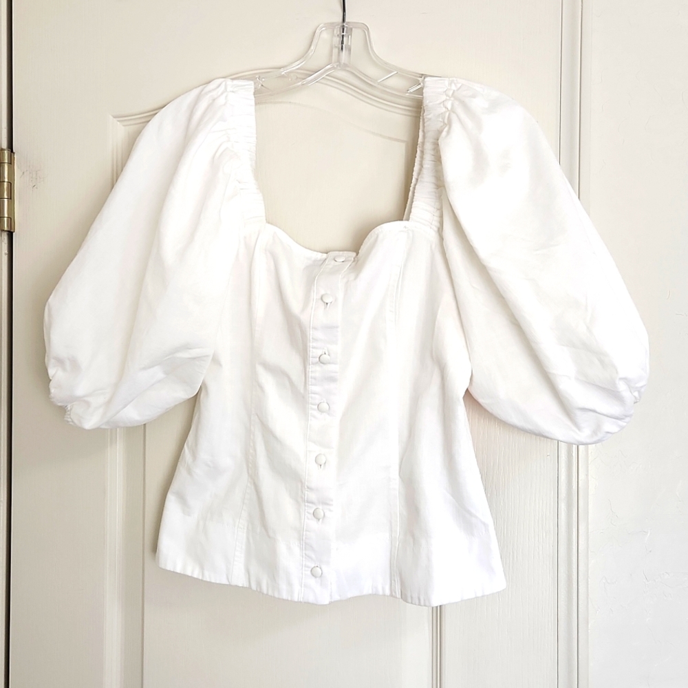 Black Label by C'est Toi Puff Sleeve White Button Up Top Size S.